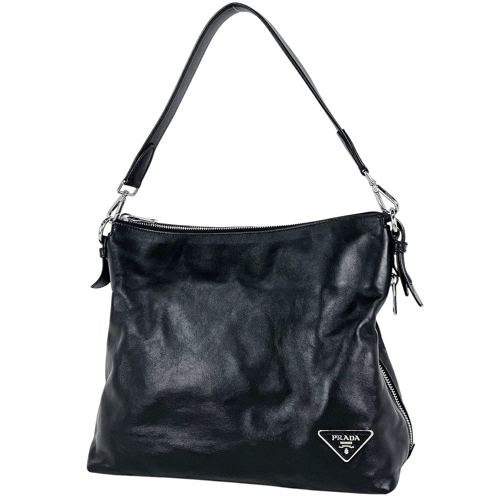 Prada Plate Shoulder Bag Leather Nero Black